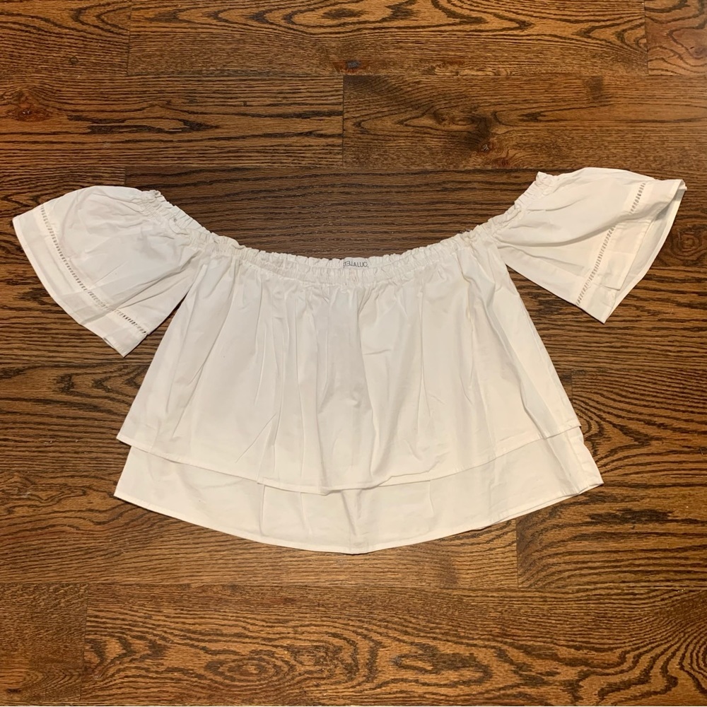 Stella Luce Womens Blouse Medium Crop Top White Short Sleeve Off the Shoulder